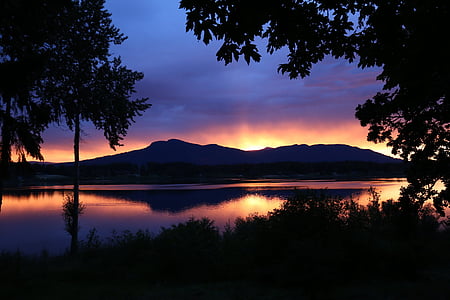 hegyi, naplemente, tó, táj, természetes, este, brit columbia