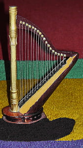 harpe, plukket strengeinstrument, figur, musikk, musikkinstrument, strengeinstrument, miniatyr harpe
