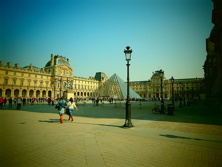 Louvre, pyramida, Skleněná pyramida, Paříž, Francie, Architektura, známé místo