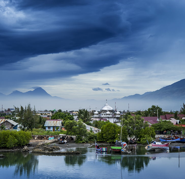 casas, cerca de, Río, Foto, cielo, nubes, azul