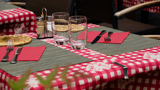 restaurant, table, set, salt, pepper, cutlery, fork