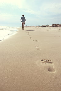 stranden, kvinna, fotspår, sommar, kvinna, semester, havet