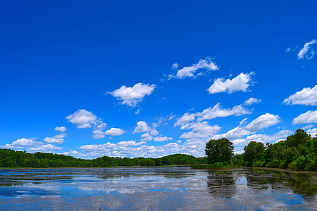 lake, clouds, sky, blue, nature, landscape, sun