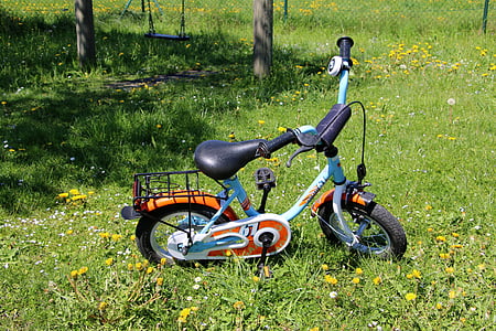 cykel, barnets cykel, hjul, legeplads, hjulet, græs, felt