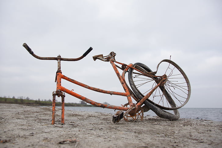 bike, beach, old, broken, water, sea, nature