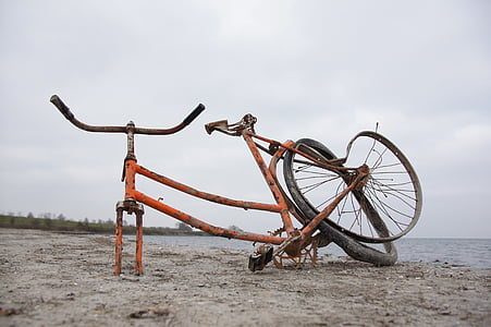 自転車, ビーチ, 古い, 壊れた, 水, 海, 自然