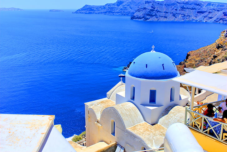 Yunanistan, Santorini, Güneş, tatil, bulutlar, gökyüzü, manzara