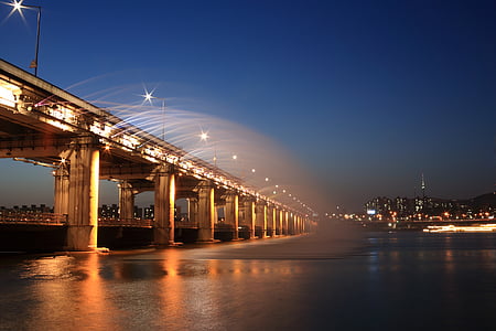 het platform, brug, stad, verlichting, rivier, water