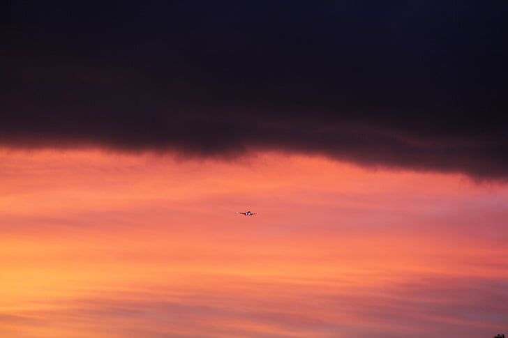 hemel, zonsondergang, vliegtuig