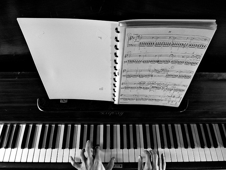 fortepian, Muzyka, instrumentu, muzyk, ręce, notatki, klucz wiolinowy