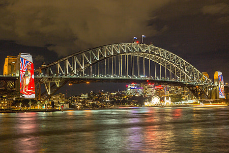 tiltas, sydneyharbour, Sidnėjus, circularquay, harbourbridge, nightshot, vandens