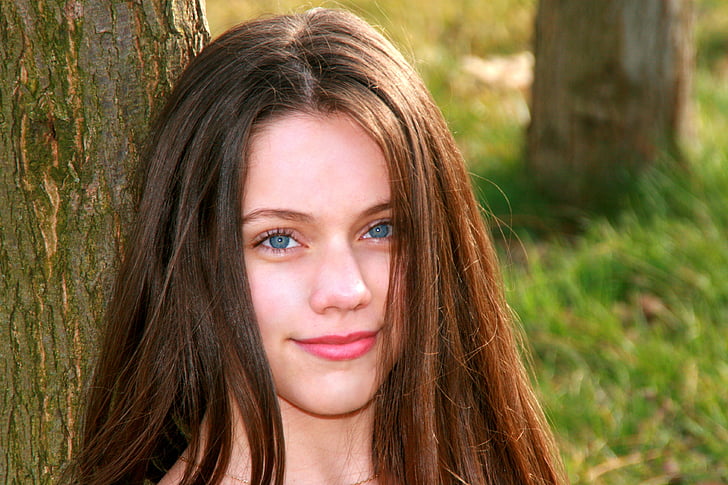 girl, blue eyes, tree, nice, women, outdoors, nature