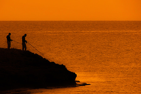 fisherman, sea, evening, dusk, gold, orange, fishing