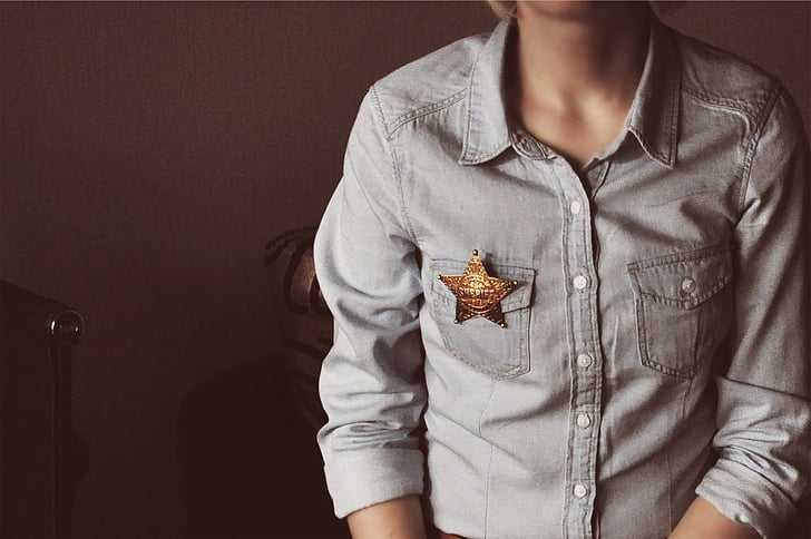 oseba, nošenje, siva, gumb, majica, šerif, zvezda