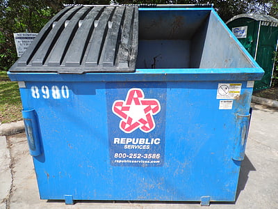dumpster, trash bin, garbage, trashcan, container, waste, blue