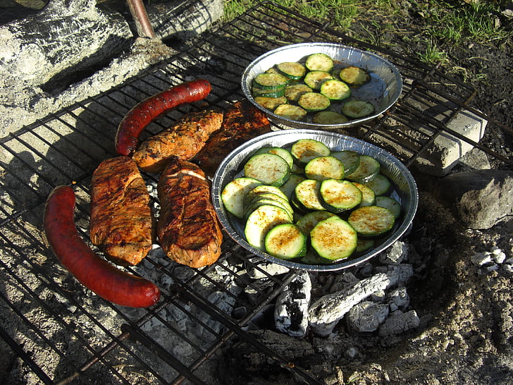 grilling, meat, eat, fireplace, sausage, stainless, zucchini