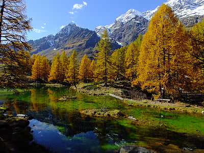 Lago bleu, Valle d'aosta, Aosta Vadisi, Göl, ayna, yansıtacak, Sonbahar