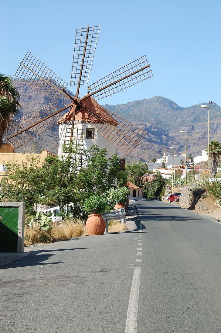 Gran canaria, Spanyolország, sziget, malom, virágok, közúti