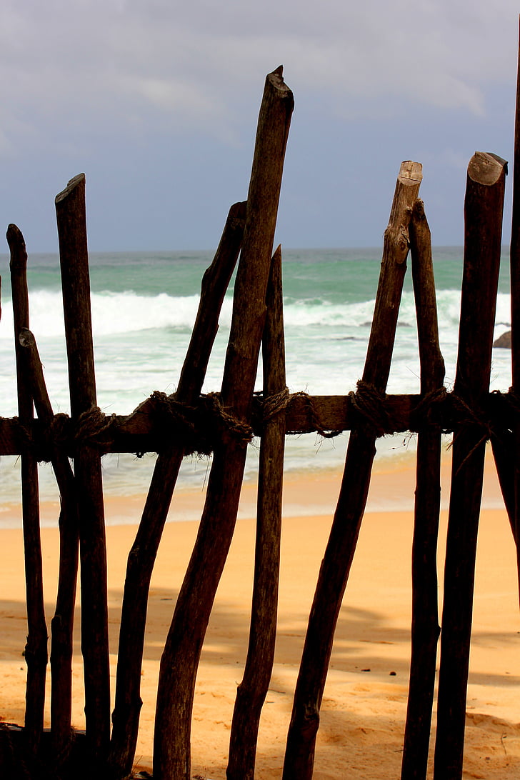 fence, beach, sand, blue, gold, sea, ocean