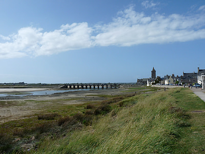 Portbail, město, Normandie, léto, Starý most, Most, řeka