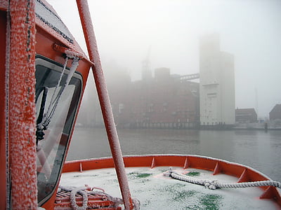 hiver, brouillard, port, bateau nautique
