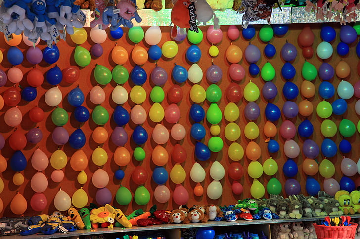 folkfest, nöjesplatsen, kasta bude, carnies, år marknaden, ballonger, färgglada