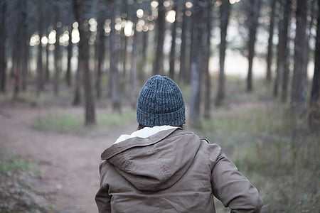 person, running, forest, people, back, hoodie, jacket