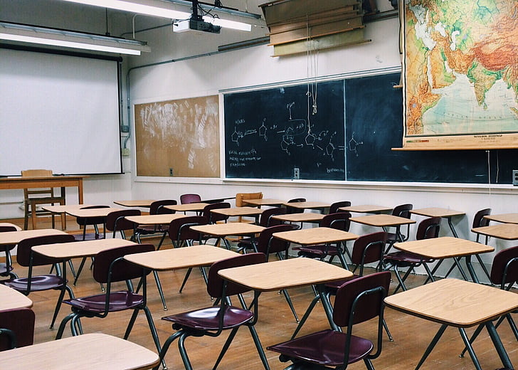 classroom, school, education, learning, lecture, blackboard, chair