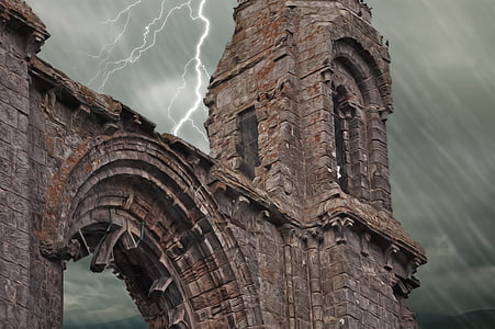 ruins, cathedral, grey sky, storm, rain, thunderstorm, architecture