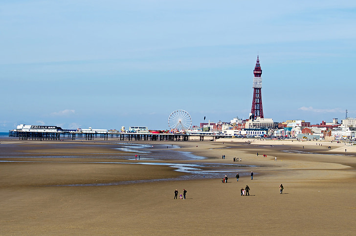 Blackpool, Wieża, atrakcją, morze, Plaża, krajobraz, niebo