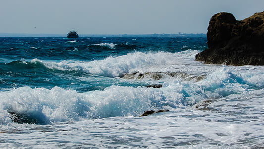 波, 粉碎, 岩质海岸, 秋天, 塞浦路斯, 阿依纳帕, 海