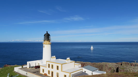 lighthouse, ship, sea, sailing boat, coast, scotland