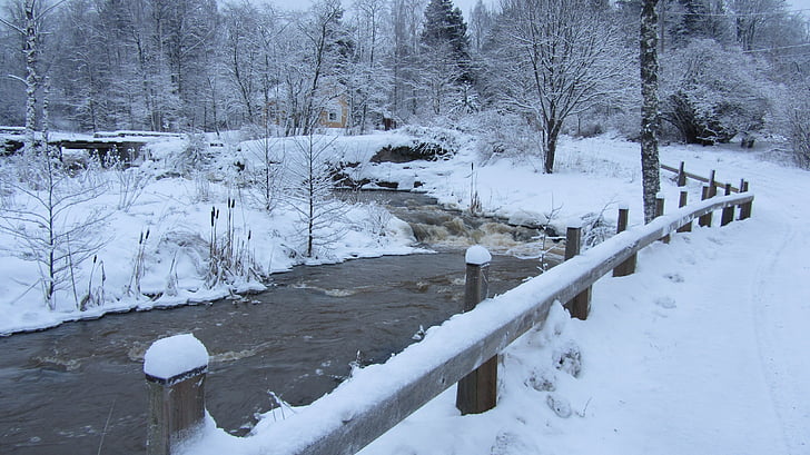 Inverno, neve, corredeiras, Finlandês, água, corrimão, cênica
