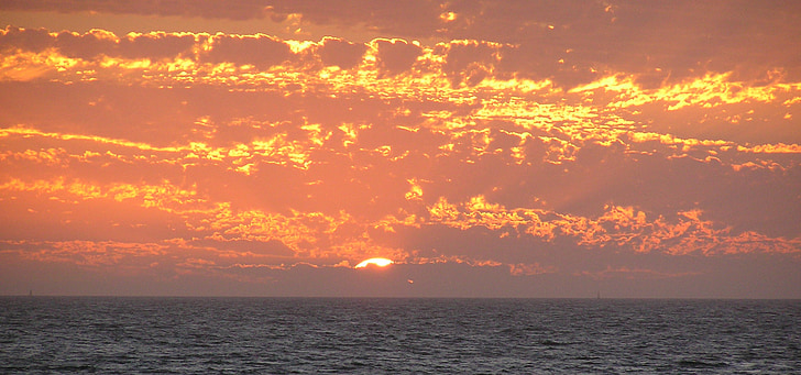 zonsondergang, Oceaan, zon, schemering, zee, wolken, Oranje