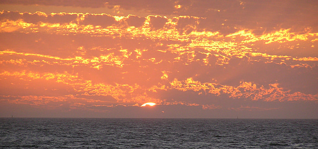 západ slnka, Ocean, slnko, súmraku, more, oblaky, Orange