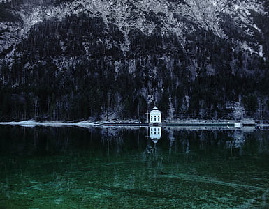 arquitetura, escuro, luz do dia, verde, Lago, paisagem, Lago de montanha