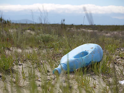 litter, bottle, rubbish, waste, blue, grass, wasteland