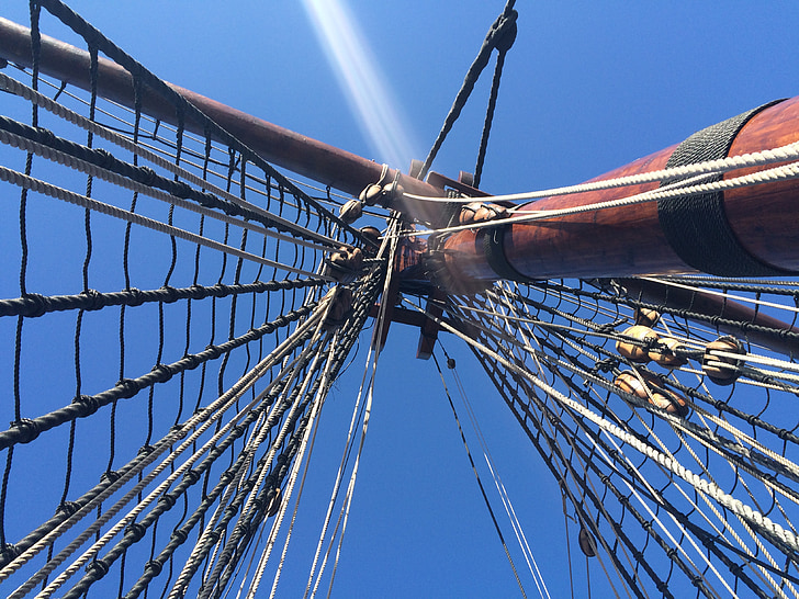 mast, Crow's nest, sejlskib, blå himmel, reb