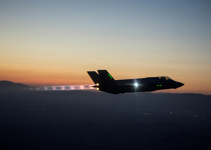 avião de caça militar, teste, voo, f-35, relâmpago ii, Crepúsculo, noite