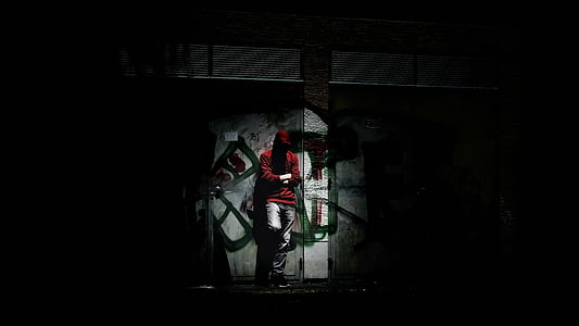 oseba, temno, hoodie, grafiti, izgubljeno mesto, ljudje, moški