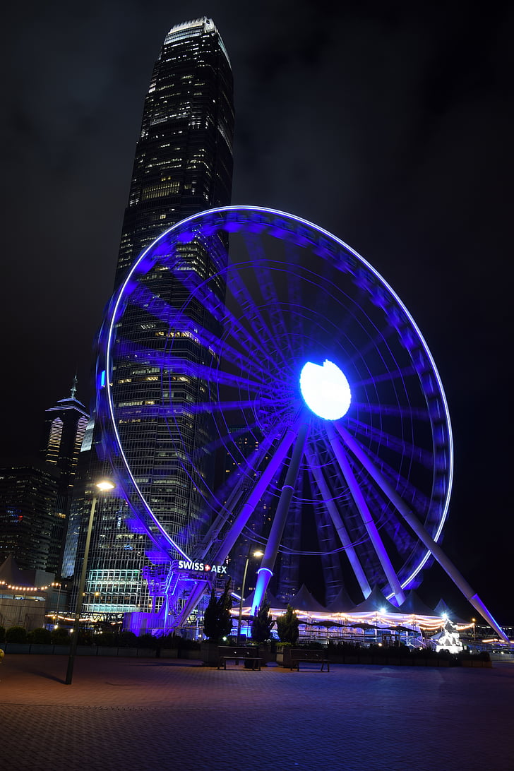 ferris wheel, hong kong, international finance centre, skyscraper, blue