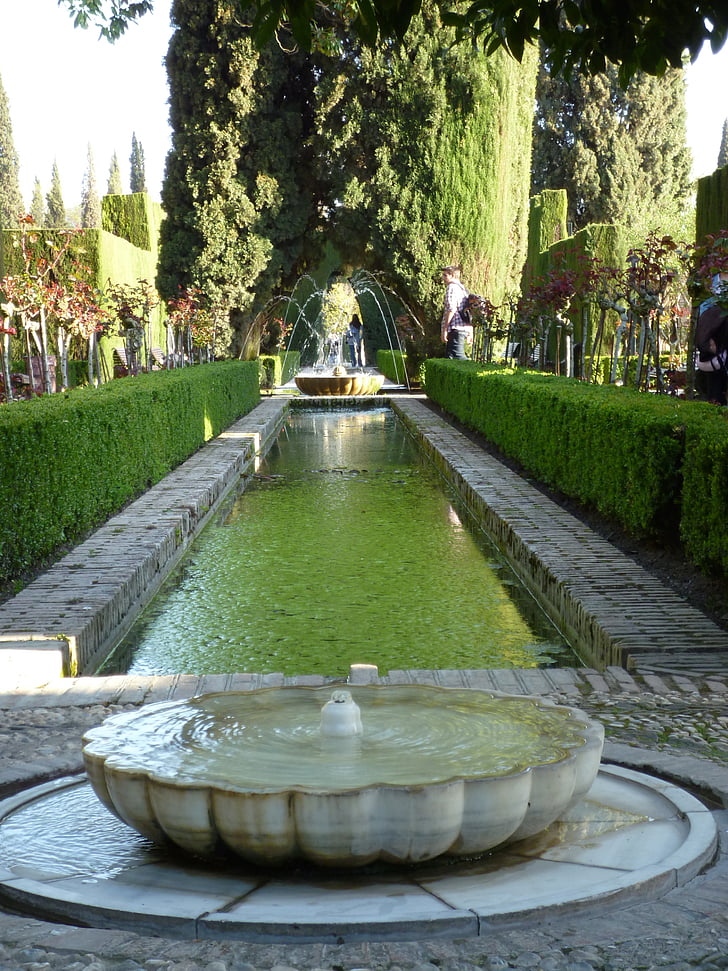alhambra, pond, gardens, architecture, palace, trees