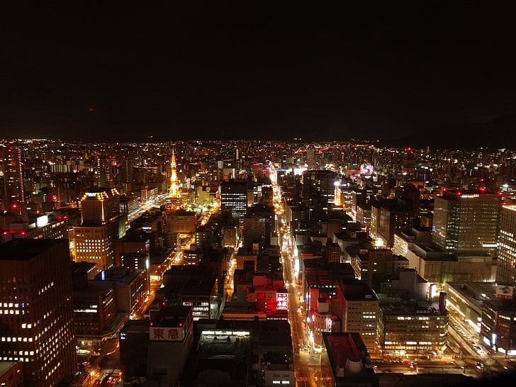 nacht uitzicht, nacht, Japan, Sapporo, gebouw, toren, stadsgezicht