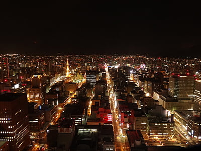 Nočný pohľad, noc, Japonsko, Sapporo, budova, veža, Panoráma mesta