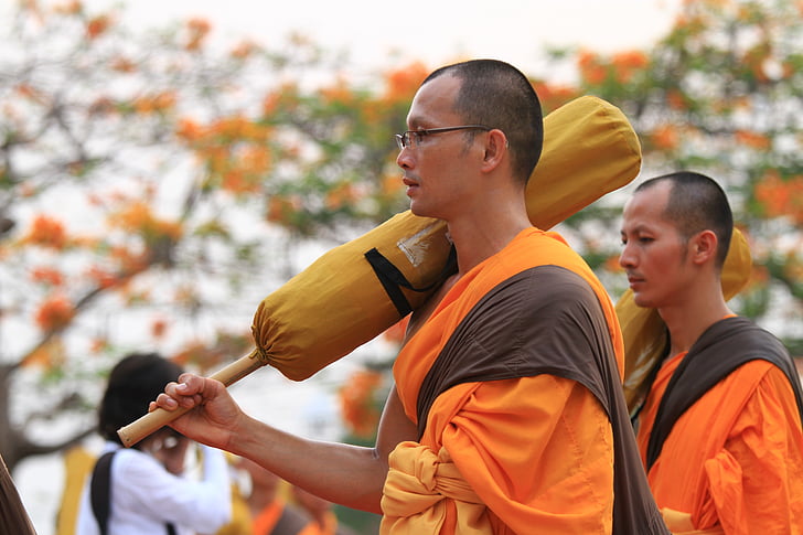 monges, laranja, robes, budistas, Budismo, pé, Tailandês