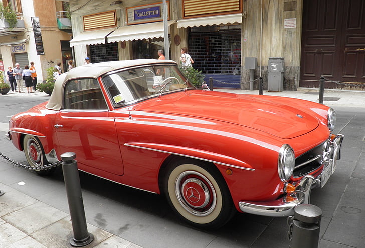 mercedes, vintage, red, car, old, classic, sicily
