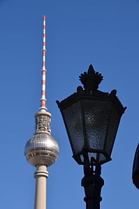építészet, régi és új, Berlin, Alexanderplatz, lámpa, antik, fény
