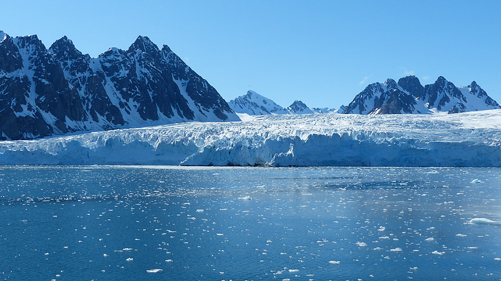 spitsbergen, 빙하, 감기, 얼음, 여전히, 산, 강 설