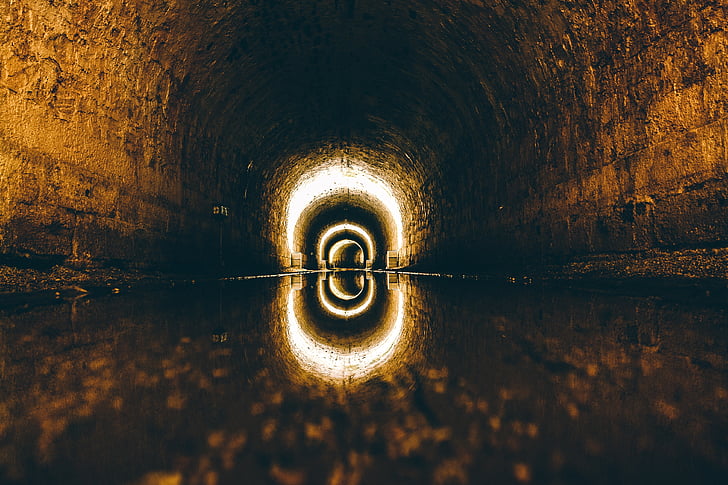 lys, refleksjon, tunnelen, vann, våte, Ingen mennesker, gull farget