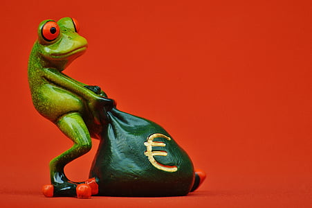 カエル, お金, ユーロ, バッグ, お金の袋, 面白い, かわいい